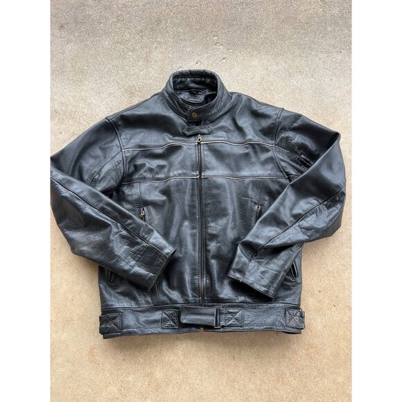 Vintage Black Leather Motorcycle Jacket With Zipper Front & Adjustable Waist K3 - Picture 1 of 9